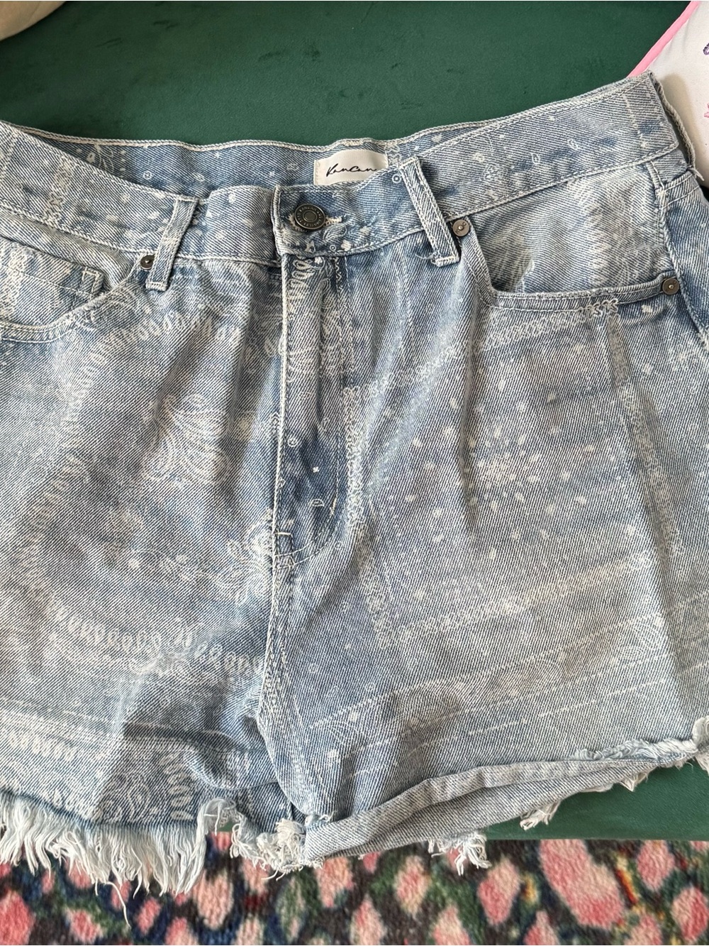 KanCan Light Wash Paisley-Print Denim Shorts